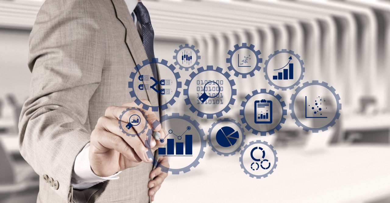 Integrated Management System (IMS) - Business data analytics management with connected gear cogs with KPI financial charts and graph.businessman hand writing in the whiteboard or virtual screen